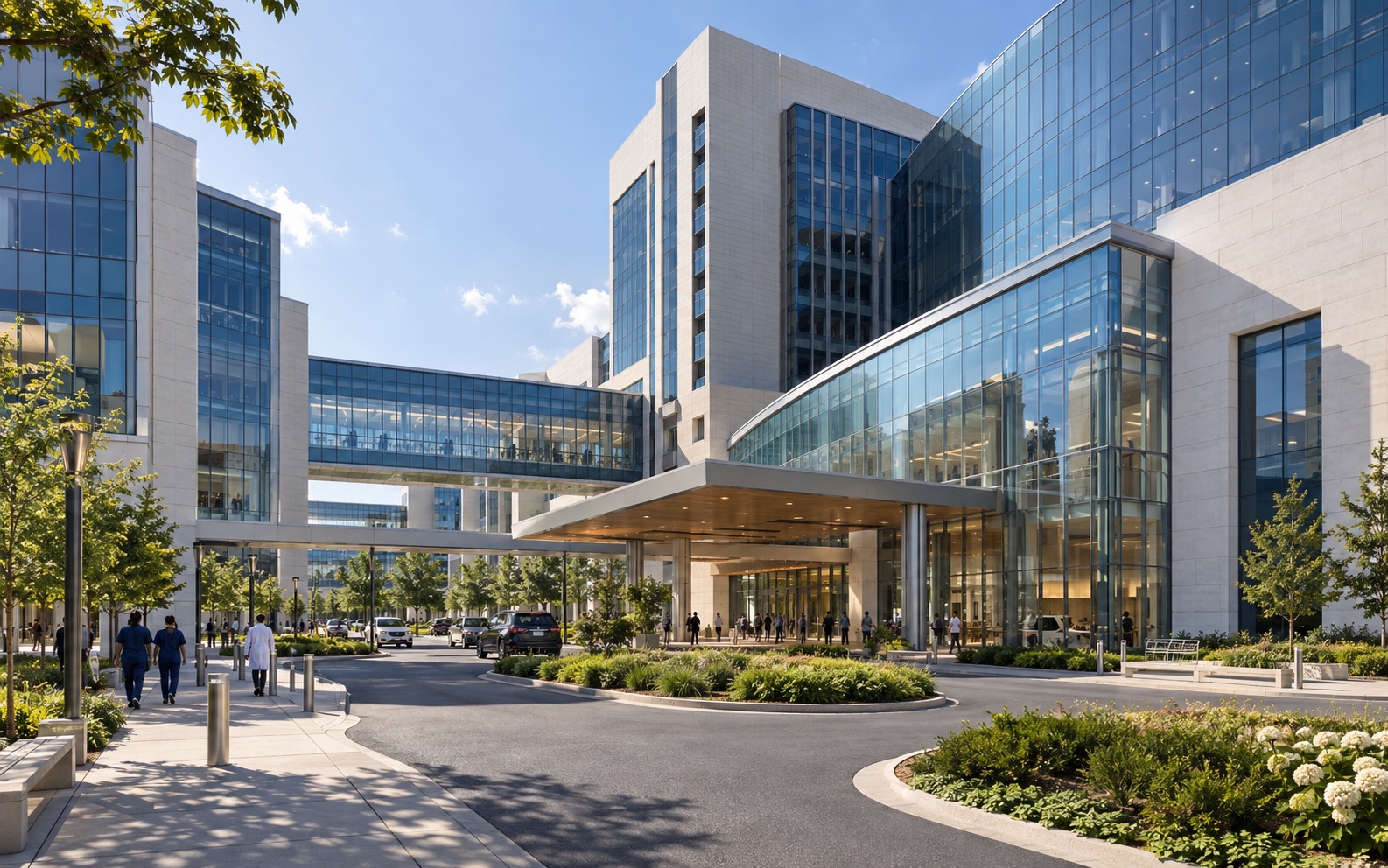 A large modern healthcare campus with connected clinical and administrative buildings.