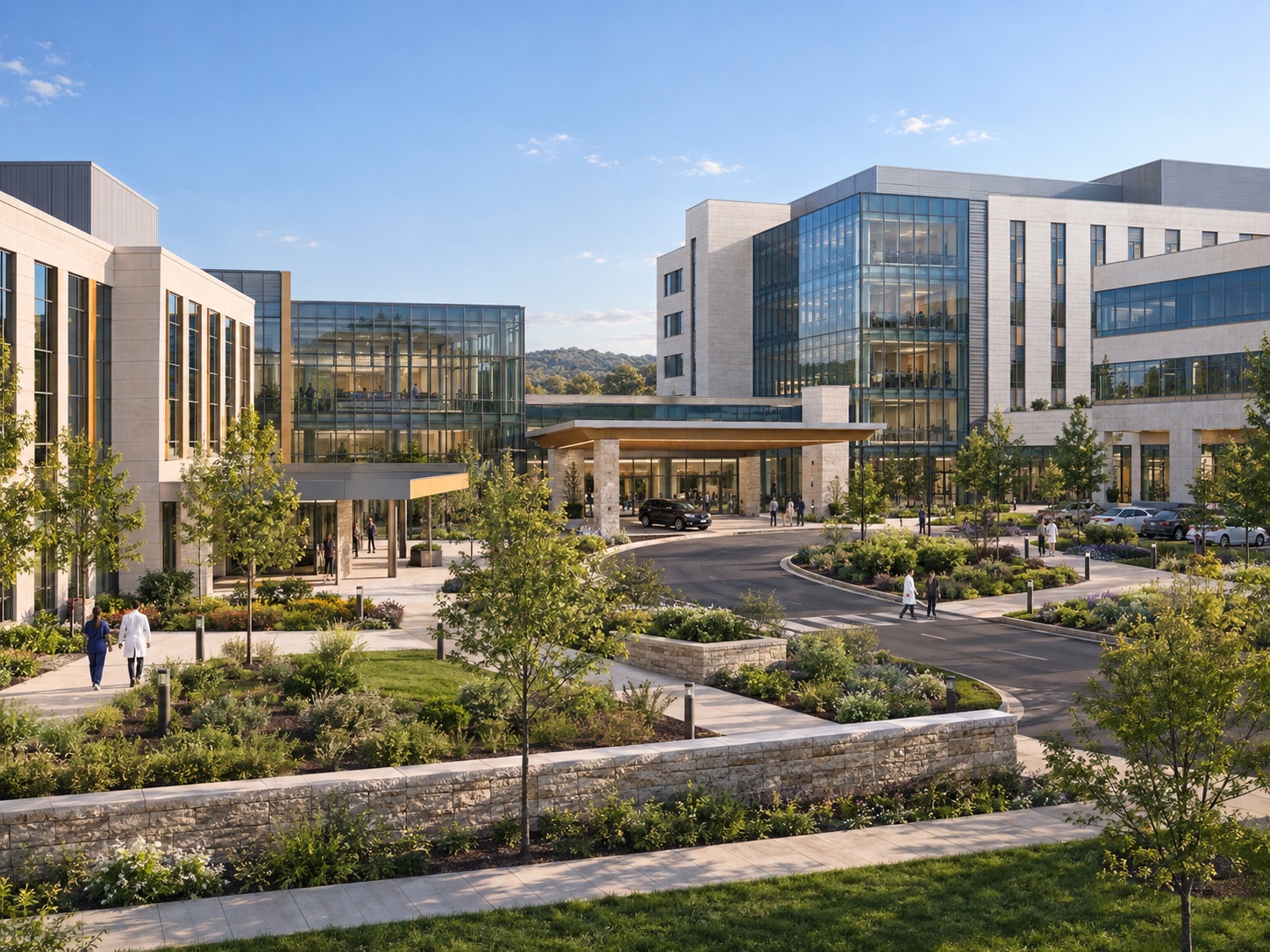 A modern multi-specialty healthcare campus with connected clinical buildings.