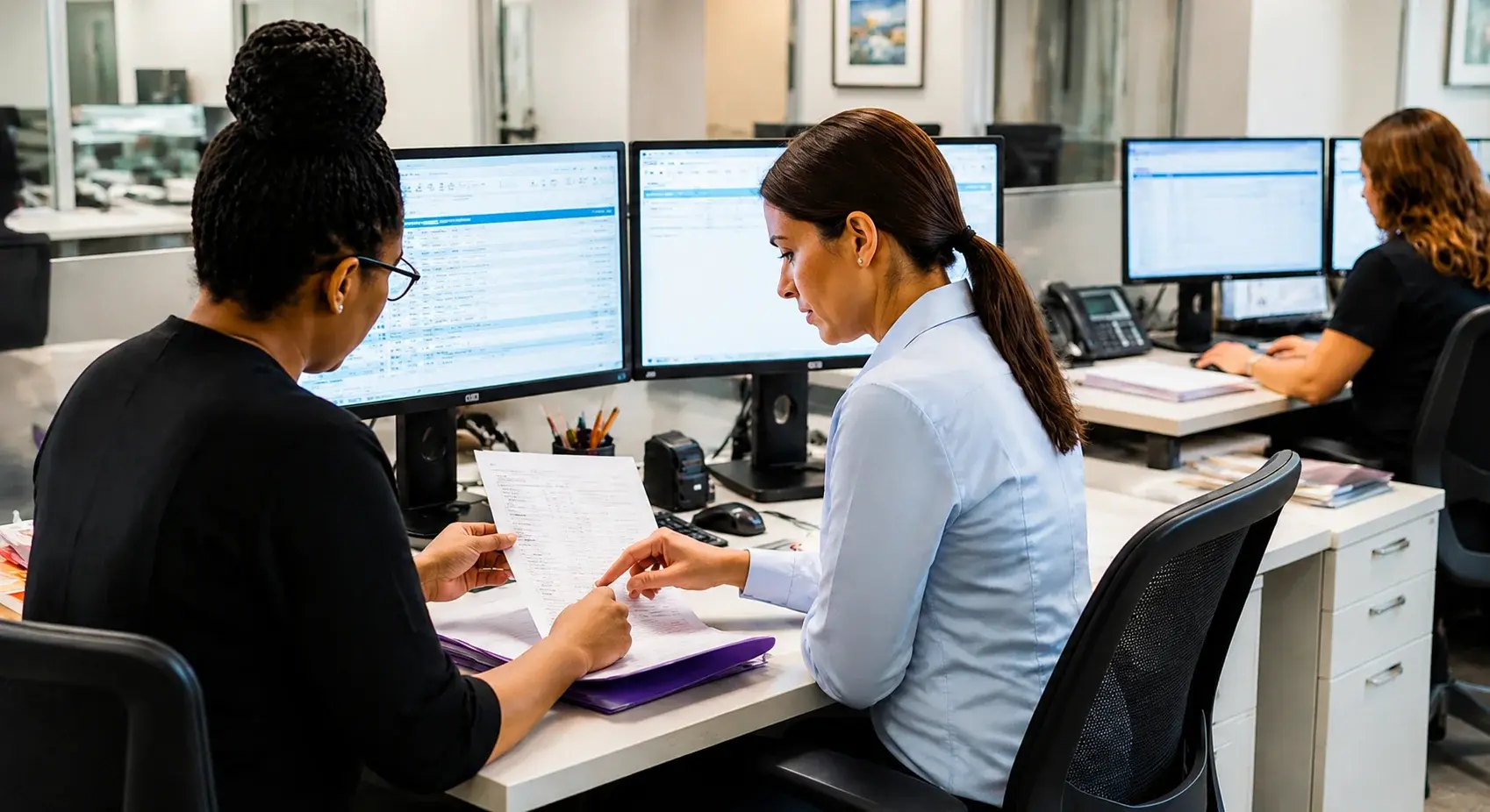 ASC billing specialists reviewing operative reports and claims at dual-monitor workstations