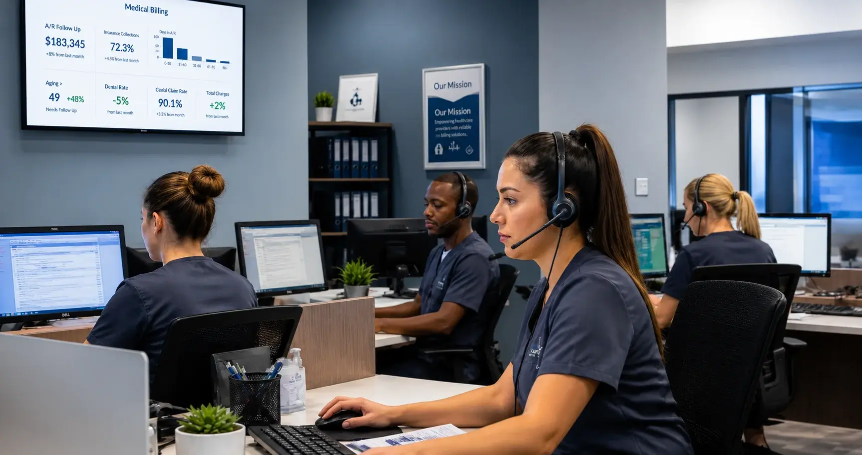 Healthcare billing team at workstations with medical billing dashboard on wall screen