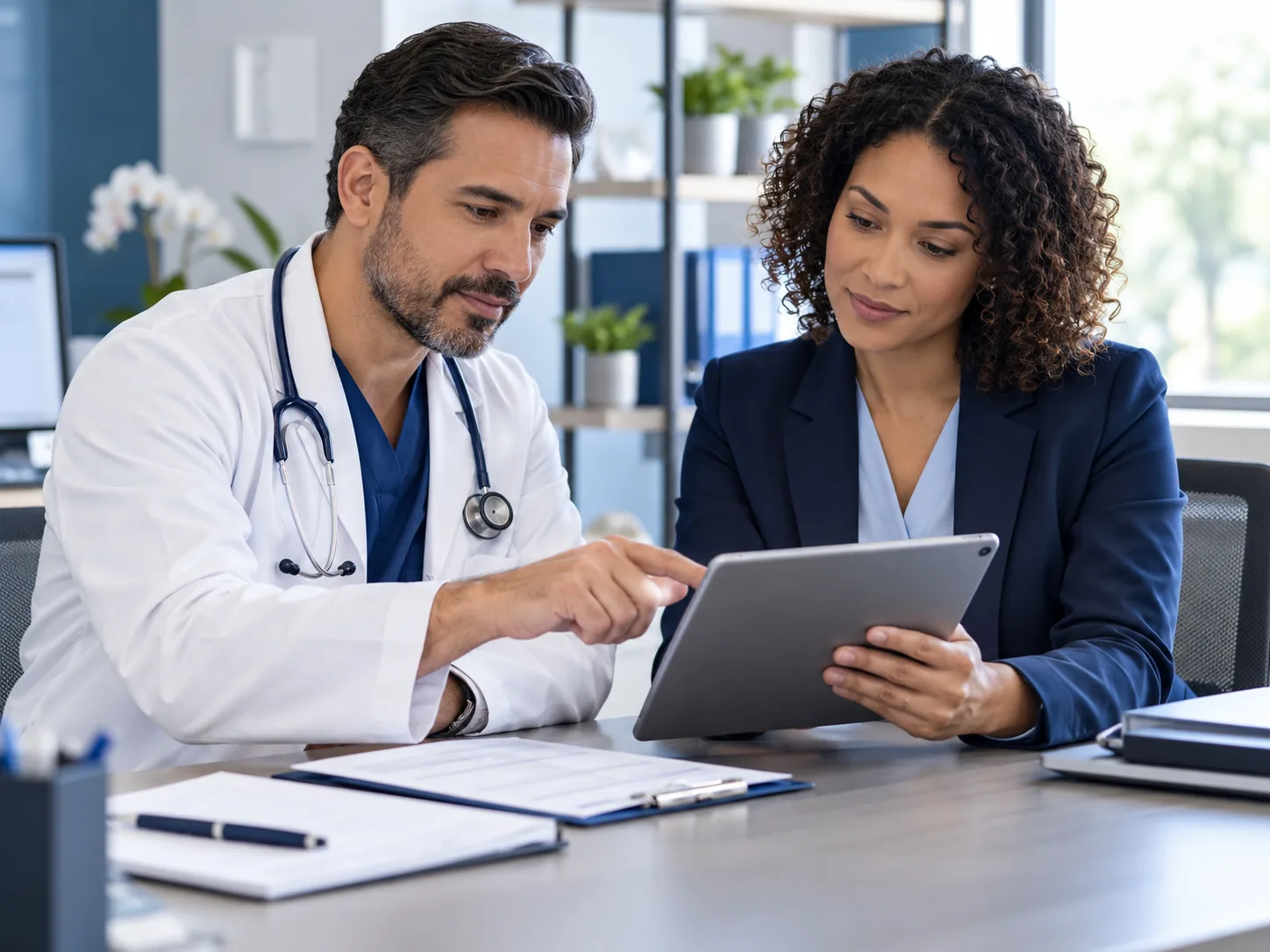 Physician and practice administrator checking claim readiness on a tablet