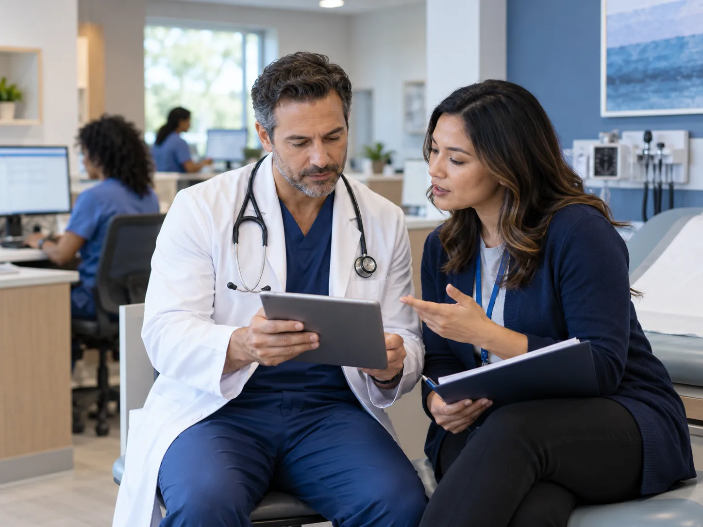 Physician and billing specialist discussing a documentation exception